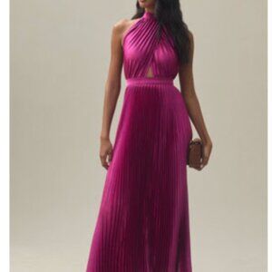 L'IDEE Renaissance Halter Side-Slit Pleated Maxi Dress